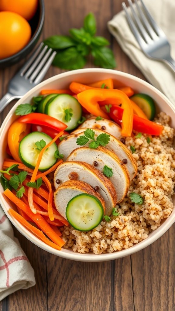 A delicious chicken bowl with sliced chicken, quinoa, and fresh vegetables on a wooden table.